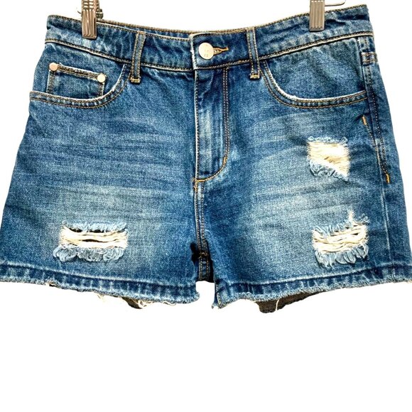 Gilded Intent Womens Distressed Denim Shorts W/ Frayed Hem & Pockets - Picture 2 of 13